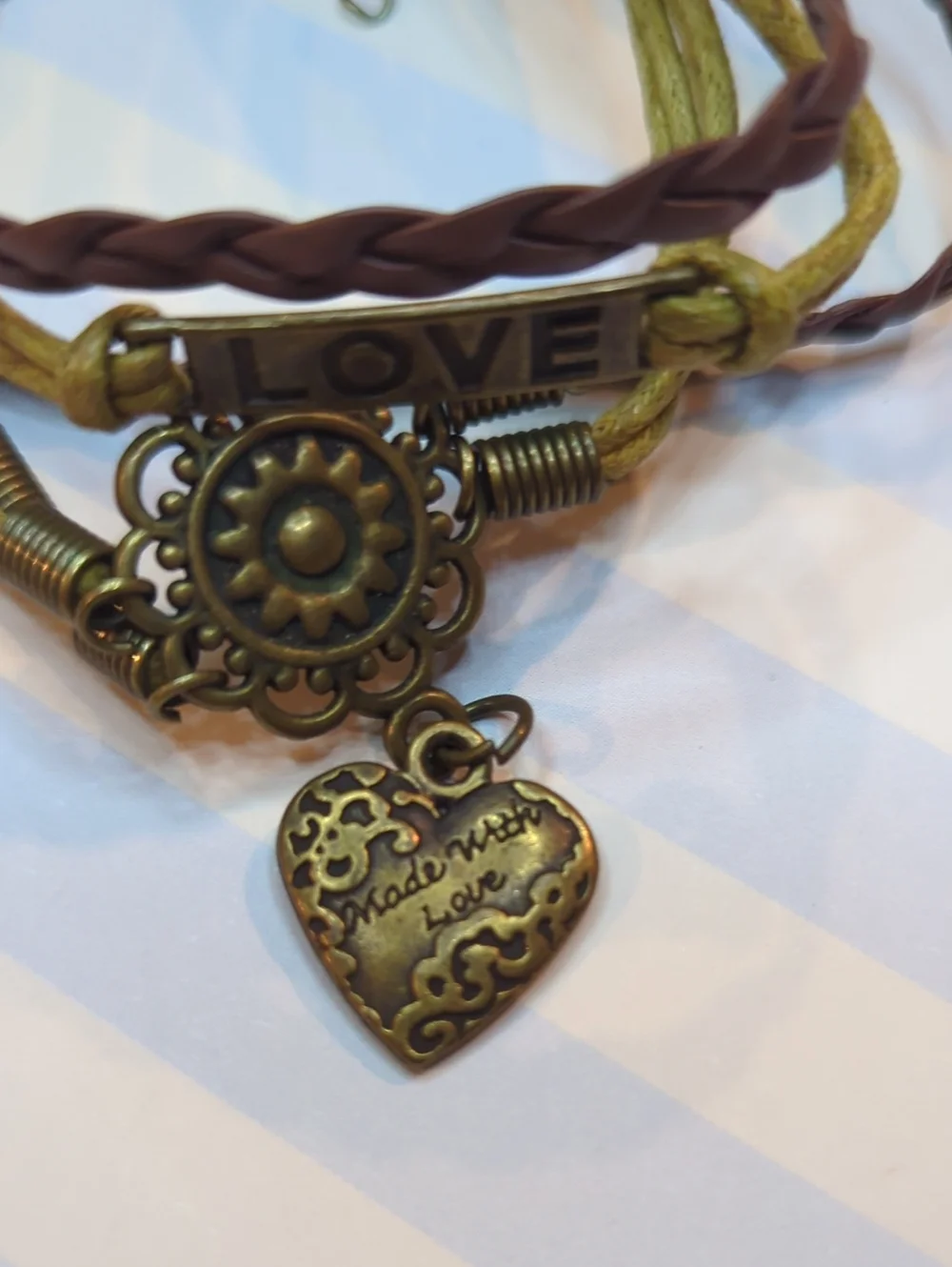 Brown Love Mandala Heart Braided Adjustable Bracelet Boho Stacking Stackable